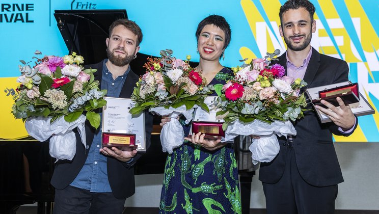 Winners of the Fritz Gerber Award 2024: Santiago Villar Martín (percussion), Phoebe Bognár (flute), and Francisco Morais Fernandes (pianio) © Patrick Hürlimann / Lucerne Festival