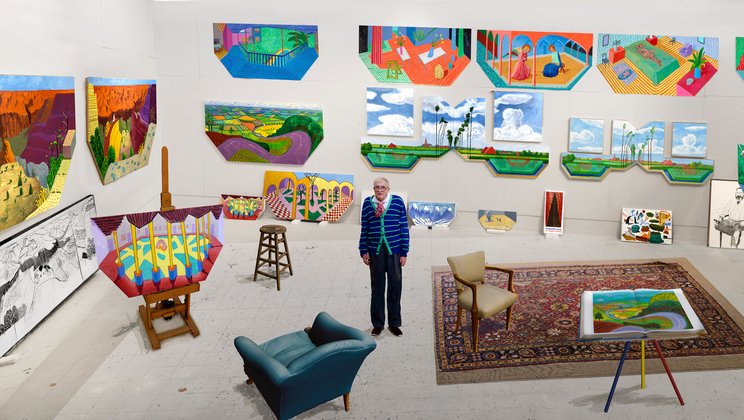 David Hockney, «In the Studio, December 2017», Fotografische Zeichnung gedruckt auf 7 Papierbögen, montiert auf Dibond, 278 x 760 cm, Tate: Schenkung des Künstlers 2018 © David Hockney, assistiert von Jonathan Wilkinson