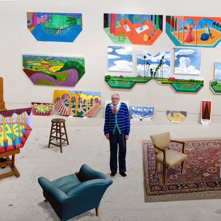 David Hockney, «In the Studio, December 2017», Fotografische Zeichnung gedruckt auf 7 Papierbögen, montiert auf Dibond, 278 x 760 cm, Tate: Schenkung des Künstlers 2018 © David Hockney, assistiert von Jonathan Wilkinson