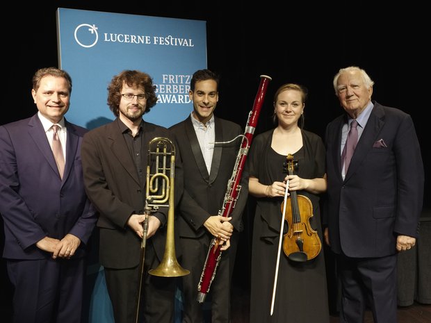 Winners of the Fritz Gerber Award 2016: Agata Nowak (violin), Miguel Ángel Pérez Domingo (bassoon), and Alexandre Mastrangelo (trombone)