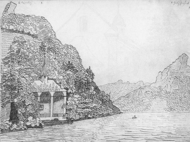 Tells Platte (19. und 23. August), Zeichnung des 13-jährigen Felix Mendelssohn während seiner ersten Schweiz-Reise 1822