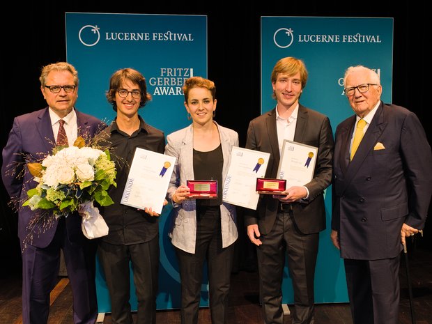 Winners of the Fritz Gerber Award 2018: Alexandre Guy (violin), Thomas Soldati (percussion), and Sara Zazo (saxophone)
