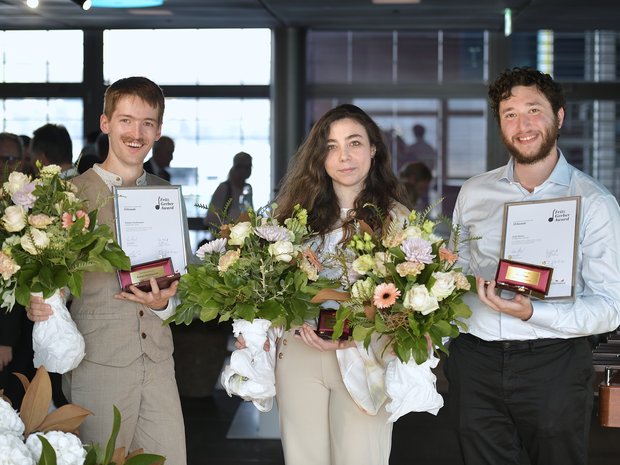 Winners of the Fritz Gerber Award 2023: Romain Nussbaumer (trombone), Noah Rosen (percussion), and Elide Sulsenti (cello)