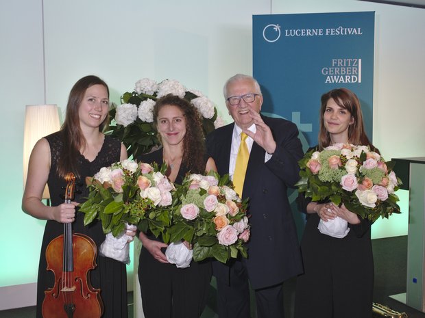 Winners of the Fritz Gerber Award 2017: Alice Belugou (harp), Hana Hobiger (viola), and Rahel Kohler (saxophone)