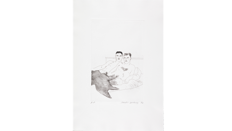 David Hockney «The Beginning» aus der Serie «Illustrations for Fourteen Poems from C.P. Cavafy», 1966–67, Radierung auf Papier, 34.5 x 22.3 cm, Tate: Erworben 1992 © David Hockney