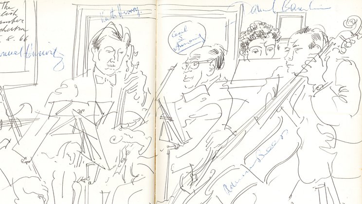 "Das Forellenquintett" at Strebi's 1966 (second from right: Daniel Barenboim), drawing © Hans Erni