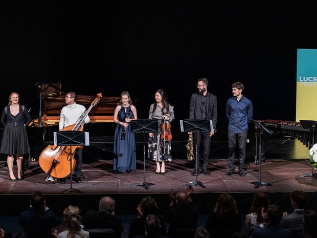 Winners of the Fritz Gerber Awards 2020 and 2021: Daniela Braun (clarinet), Luis Homedes López (saxophone), Anastasiia Subrakova (violin), Helga Karen (piano), Thomas Hong Yiu Lai (double bass), and Aurélien Gignoux (percussion)