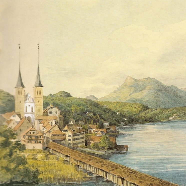 Ansicht von Luzern (mit der Hofkirche St. Leodegar und der später abgebrochenen Hofbrücke, im Hintergrund die Rigi), Aquarell von Felix Mendelssohn, 1847 © Staatsbibliothek zu Berlin