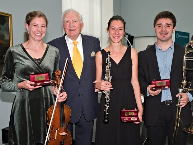 Winners of the Fritz Gerber Award 2019: Martina Kalt (viola), Francisco Olmedo Molina (trombone), and Marta Sánchez Paz (oboe)