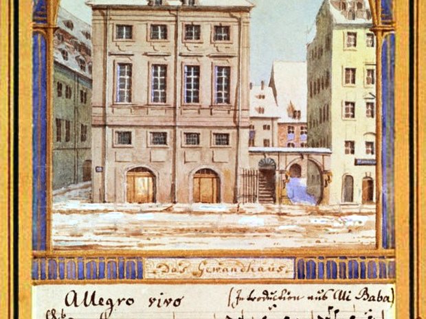 Das erste Leipziger Gewandhaus, Aquarell von Felix Mendelssohn (1836, mit Widmung an die Sängerin Henriette Grabau)